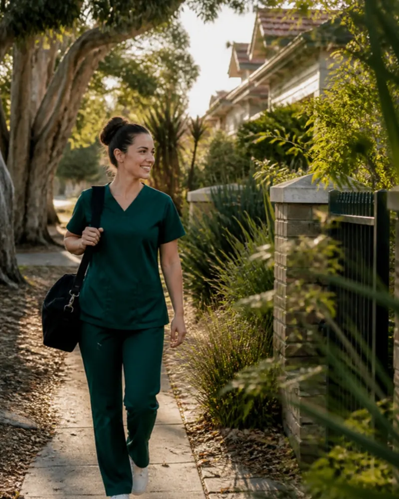A registered nurse walking to a patient's home with her kit bag