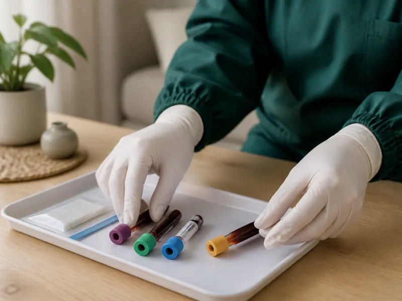 A nurse's gloved hands arranging labelled blood collection tubes