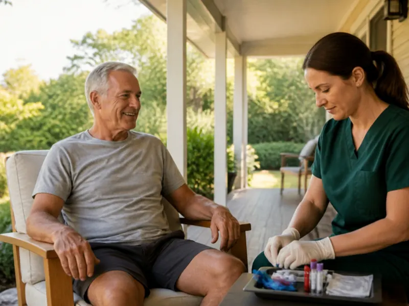 An older man on his veranda with a registered nurse