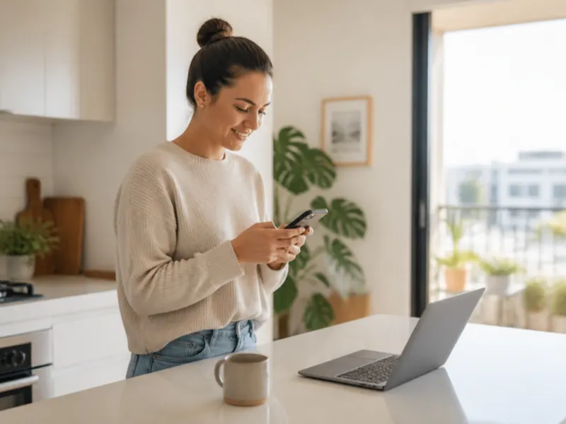 A woman ordering a blood test on her phone at home