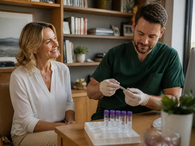 A nurse labelling a blood collection tube at a patient's home